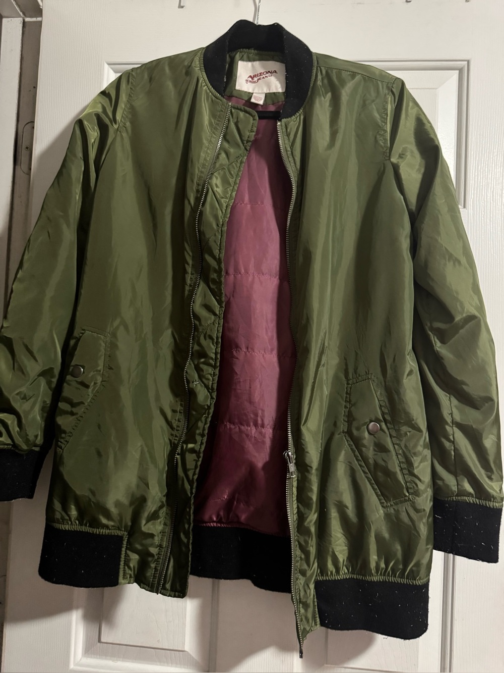Arizona Jean Company Olive Green Bomber Jacket with Burgundy Interior